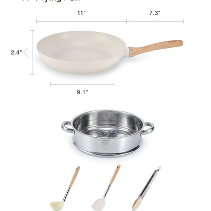 21-Piece Aluminum Cookware Set, Non-stick, White Granite, for Induction Cooktops, with Lid, Double Handle, Silicone Utensils, PFOA-Free