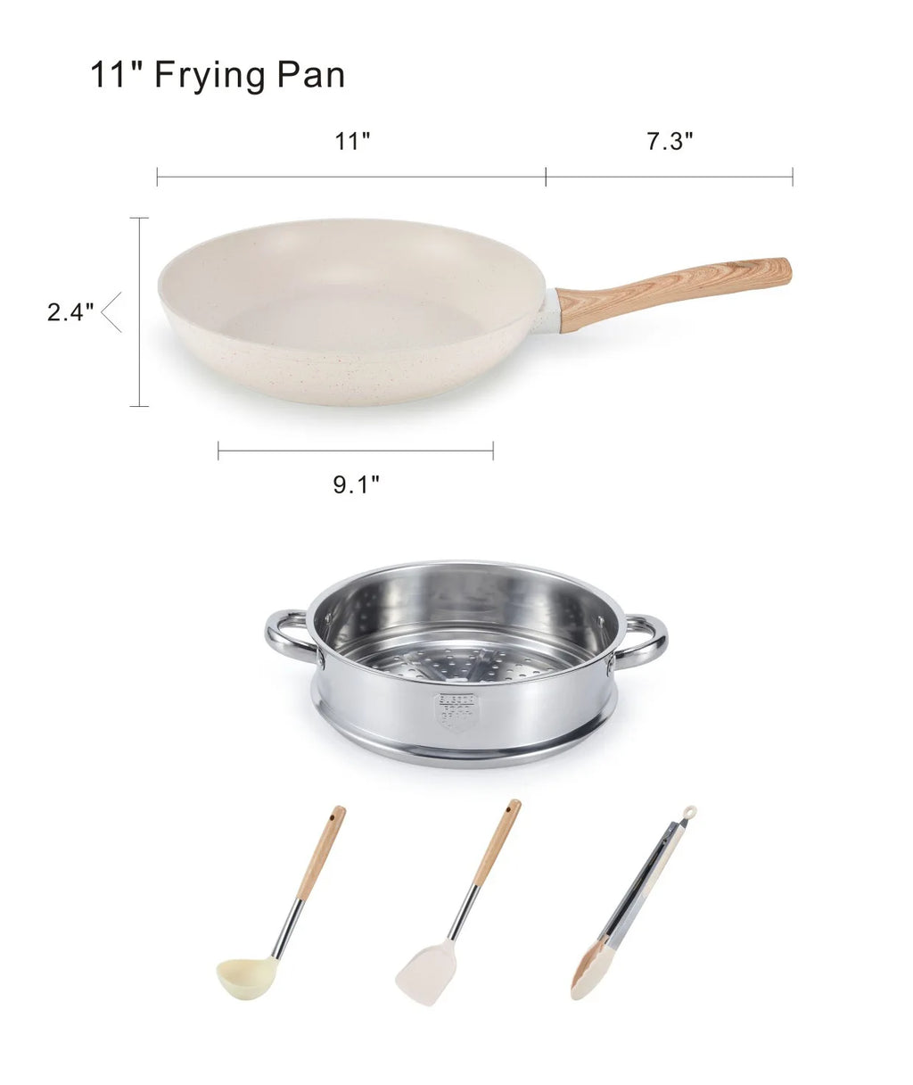 Set di Pentole in Alluminio da 21 Pezzi, Antiaderente, Bianco Granito, per Cucina a Induzione, con Coperchio, Doppio Manico, Utensili in Silicone, Senza PFOA