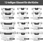 Hermetische Glasbehälter für Lebensmittel mit luftdichten Deckeln, stapelbare auslaufsichere Behälter zur Essenszubereitung, gefrier- und mikrowellengeeignete Glasschachteln für Kühlschrank, Obst, Gemüse