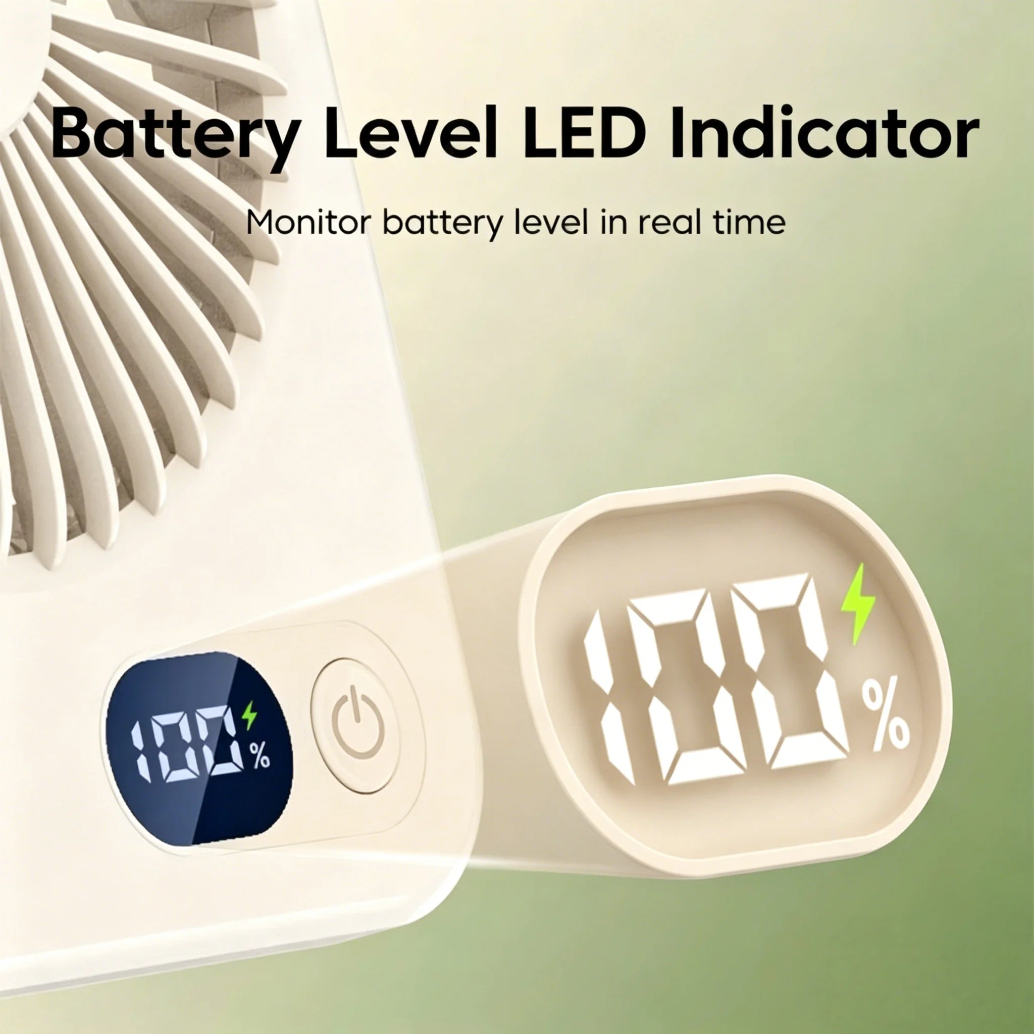 Ventilatore da Tavolo Portatile Beige 3000mAh 5 Velocità Silenzioso 45dB Ricaricabile Type-C 180° Indicatore LED della Batteria