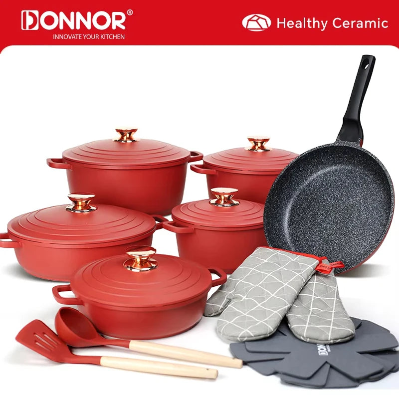DONNOR 18-teiliges Antihaft-Aluminiumguss-Kochgeschirr-Set, großer holländischer Ofentopf mit Deckel und Griff für alle Herdarten, robuste Kasserolle JT274