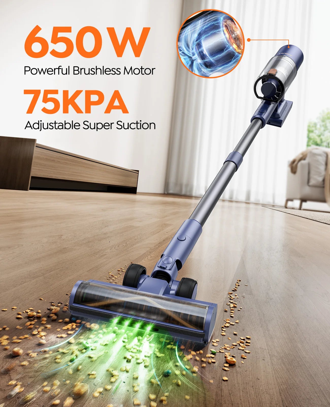Laresar V11 650W 75000PA Ultra-robuster Akku-Staubsauger, 90 Minuten Laufzeit, herausnehmbarer Akku und intelligentes Display