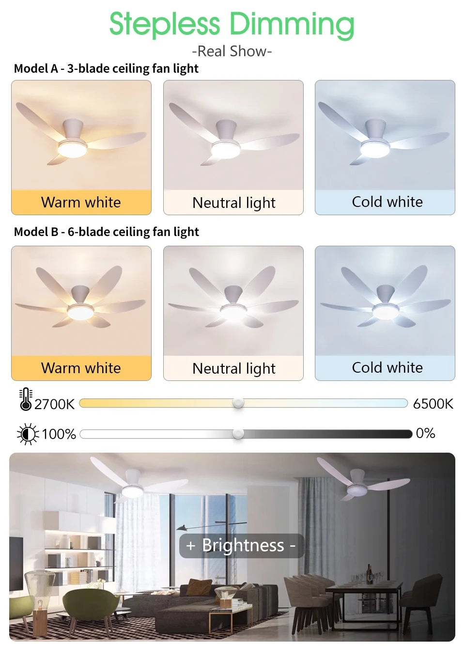 Ventilatore da Soffitto con Luce 42.91 Pollici, Motore DC Silenzioso a Risparmio Energetico, 3 Colori Variabili, 6 Velocità Regolabili, per Camera da Letto e Soggiorno