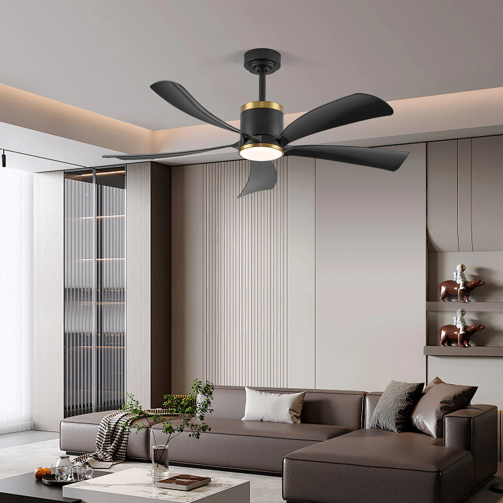 Ventilatore da Soffitto Reversibile da 52 Pollici con Luce, Nero e Oro, 5 Pale, LED 20W, 6 Velocità, Telecomando, Silenzioso, per Interni, Moderno, Estate e Inverno