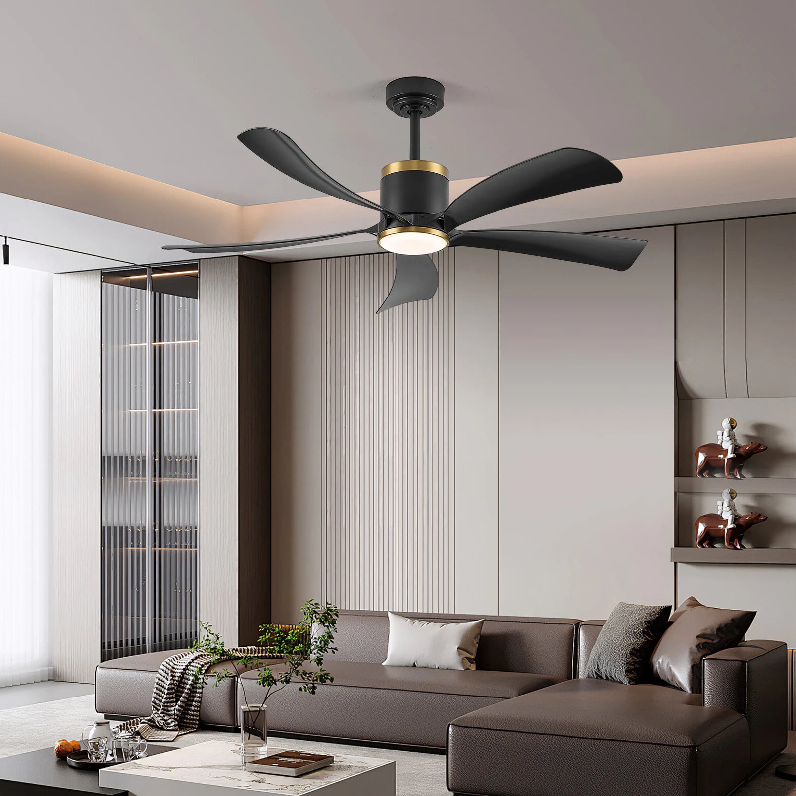 Ventilatore da Soffitto Reversibile da 52 Pollici con Luce, Nero e Oro, 5 Pale, LED 20W, 6 Velocità, Telecomando, Silenzioso, per Interni, Moderno, Estate e Inverno