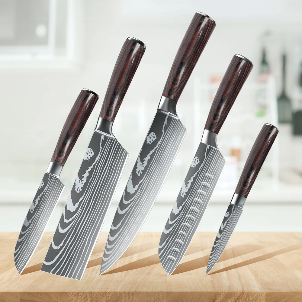 5-teiliges Küchenmesserset mit lasergeätztem Damastmuster, 7Cr17-Stahl, scharf, rostbeständig, Holzgriff, Geschenkbox mit Befestigungsgurt
