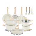 Set di Pentole in Alluminio da 21 Pezzi, Antiaderente, Bianco Granito, per Cucina a Induzione, con Coperchio, Doppio Manico, Utensili in Silicone, Senza PFOA