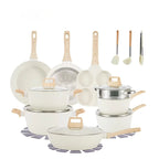 Set di Pentole in Alluminio da 21 Pezzi, Antiaderente, Bianco Granito, per Cucina a Induzione, con Coperchio, Doppio Manico, Utensili in Silicone, Senza PFOA