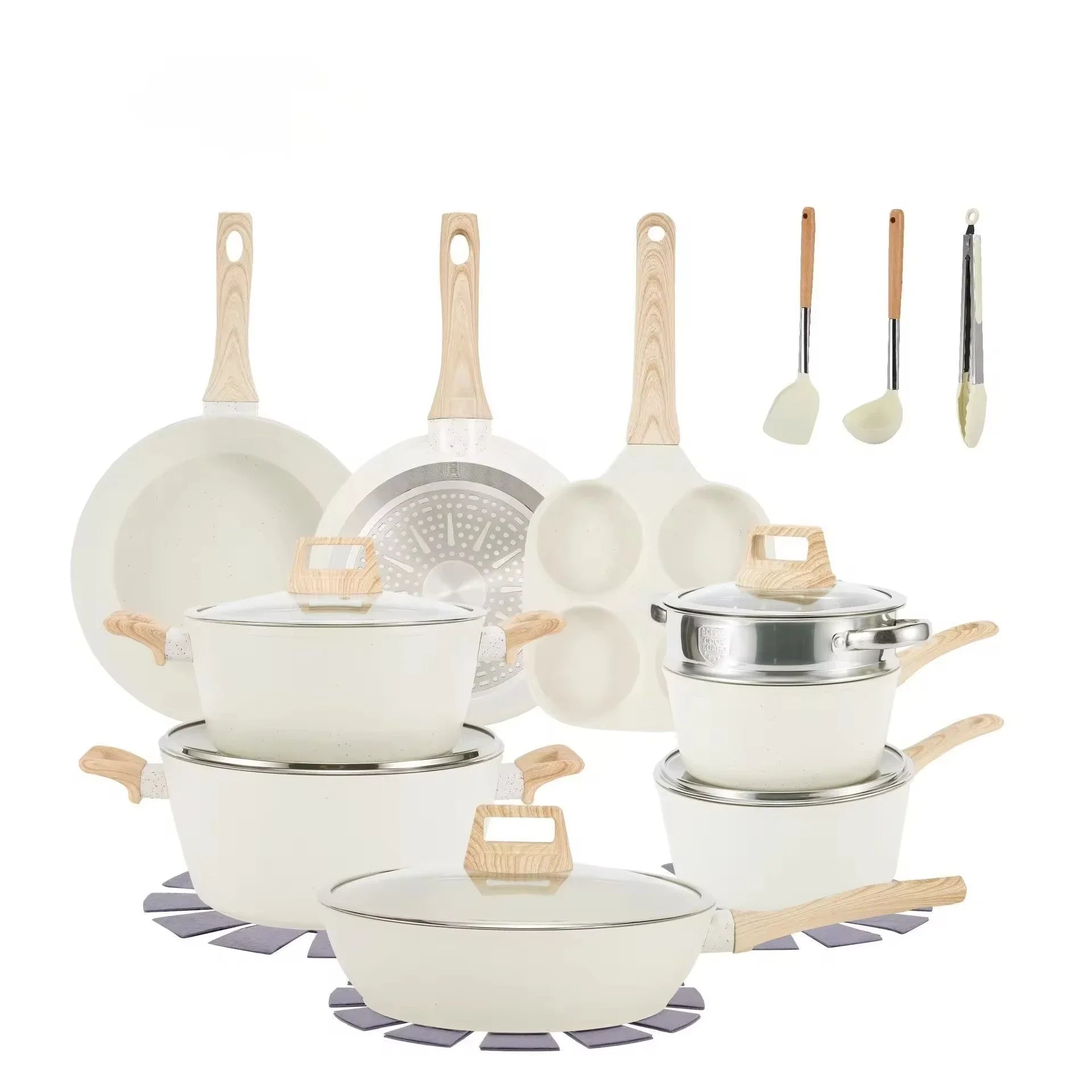 Set di Pentole in Alluminio da 21 Pezzi, Antiaderente, Bianco Granito, per Cucina a Induzione, con Coperchio, Doppio Manico, Utensili in Silicone, Senza PFOA