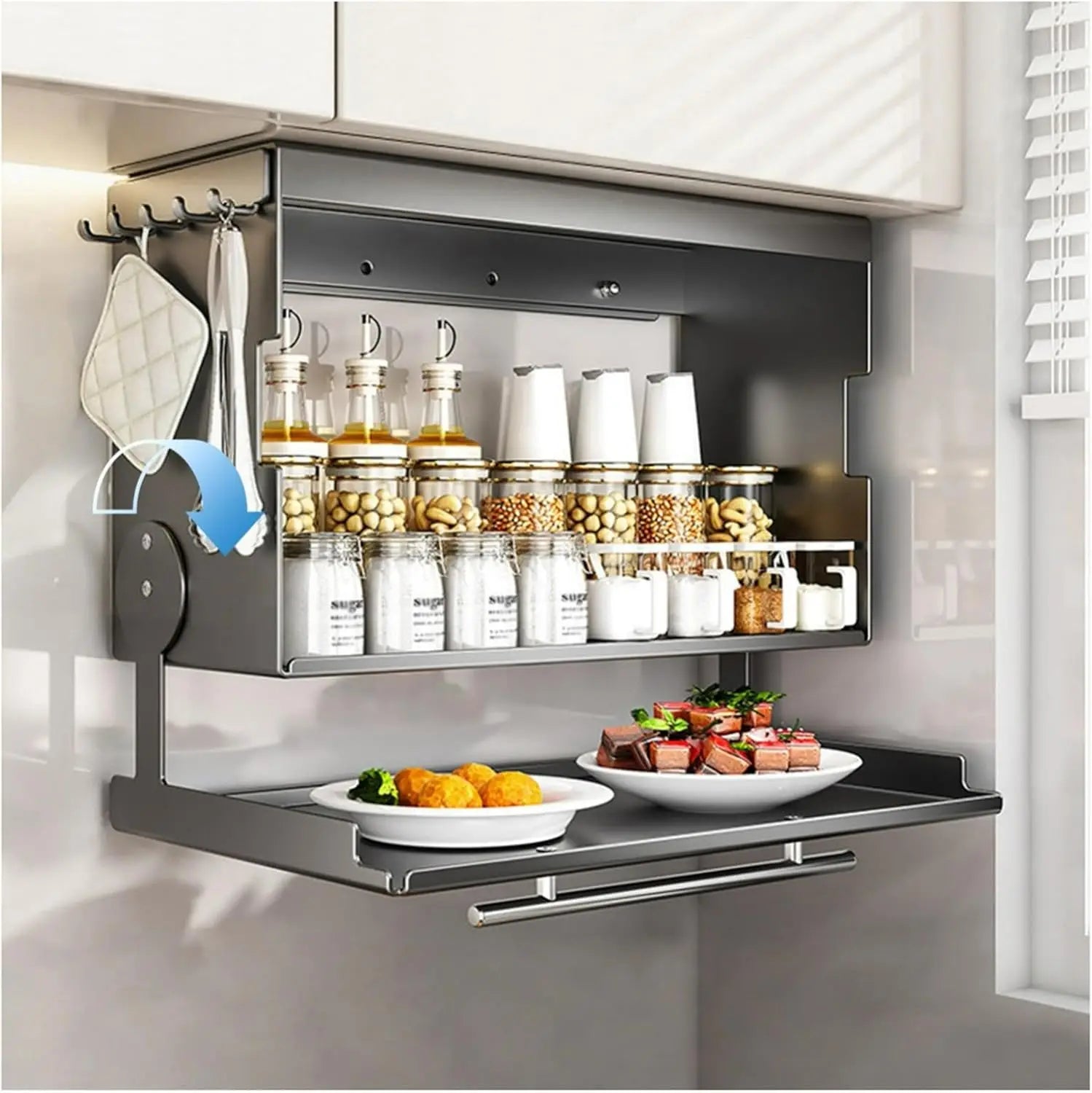 Porta Spezie Girevole da Parete Estraibile in Acciaio Inox con Ganci per Organizzazione Cucina e Bagno