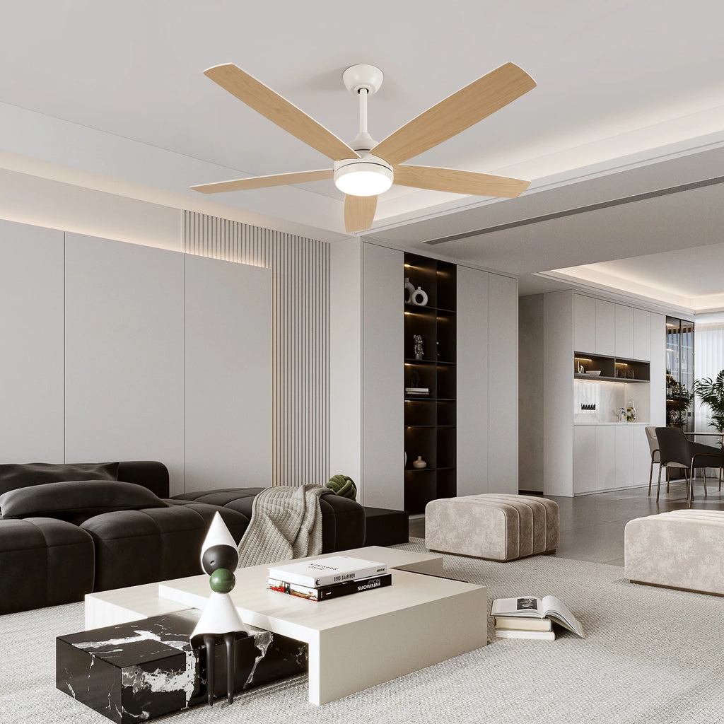 Ventilatore da soffitto LED intelligente con luci, 52 pollici (132 cm), 6 velocità, 2 modalità, luce LED dimmerabile, motore DC silenzioso, telecomando, ventilatore elettrico per camera da letto