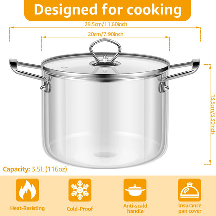 Pentola in vetro da 2,5 l/3,5 l, pentola a fuoco lento resistente al calore, pentole in vetro trasparente con coperchio e due manici in vetro borosilicato