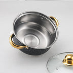 10-teiliges Kochgeschirrset mit weißen Punkten, Suppentöpfe aus Edelstahl mit goldenem Griff und Glasdeckel, langlebiges Kochtopfset für Zuhause