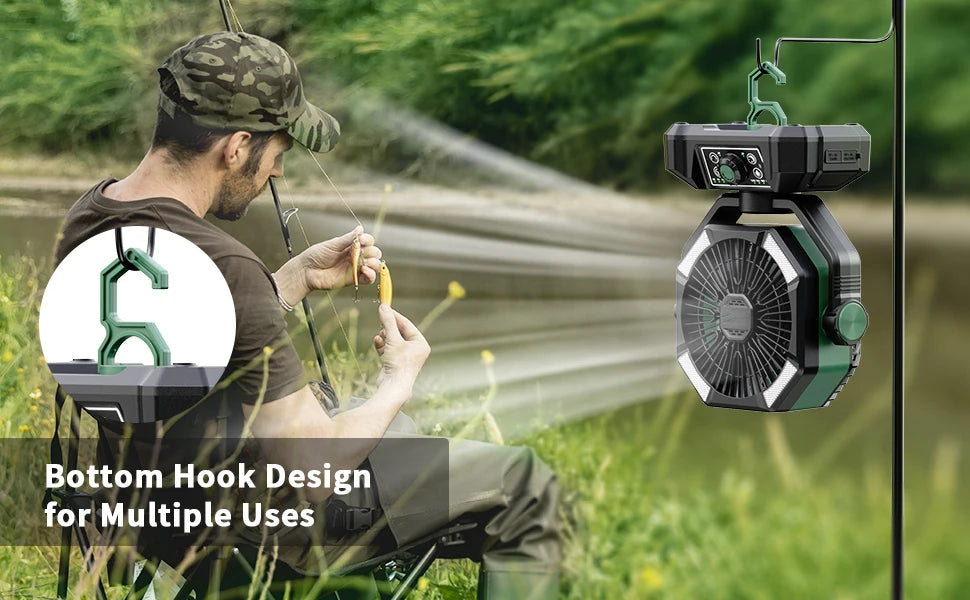 Ventilatore da campeggio con batteria da 20000 mAh con lanterna a 4 LED Ventilatore da tavolo a 8 velocità Ventilatore da esterno portatile per tenda da campeggio all'aperto e pesca
