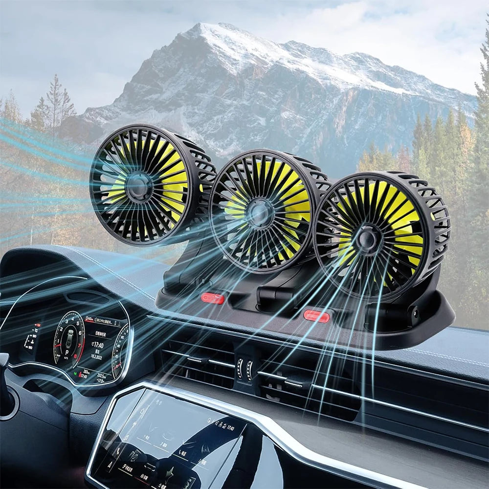 Ventilatore per Auto a 3 Teste con Rotazione a 360° °   Ventilatore Rotante a Basso Rumore con 2 Livelli di Velocità – Presa Accendisigari 12V – Flusso d'Aria Rapido e Potente per Berlina, SUV, Camion, Furgone – Incl