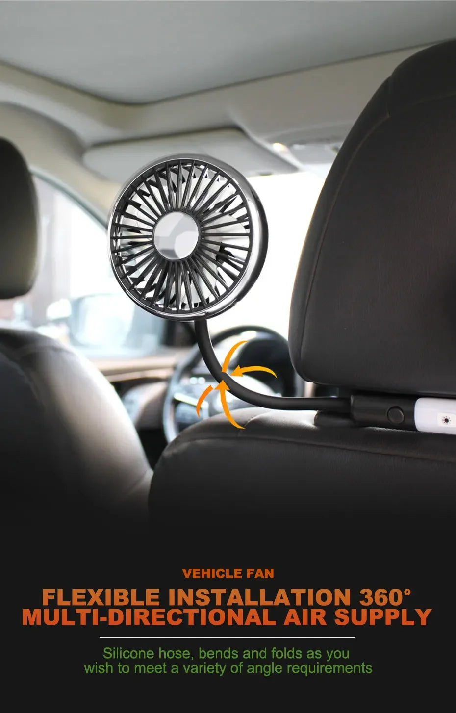 Ventilatore portatile USB a doppia testa regolabile con interruttore indipendente, 3 velocità 360° °   Ventilatore da Poggiatesta per Auto, per Casa e Sedile Posteriore