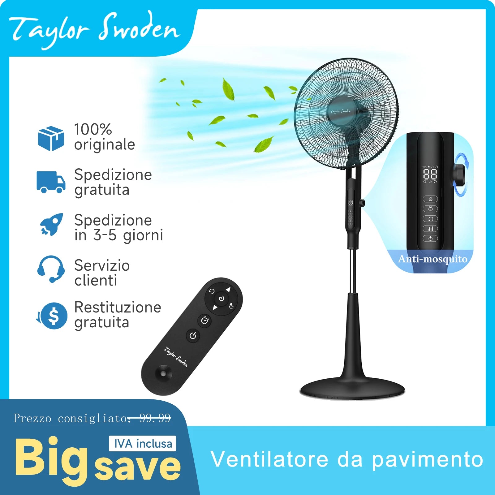 Taylor Swoden leiser Standventilator, DC-Lüfter 25 dB mit Fernbedienung, 3258,6 m³/h, 28 Geschwindigkeiten, 7 Blätter, 40 W, 12 Std. Timer, Anti-Mücken,