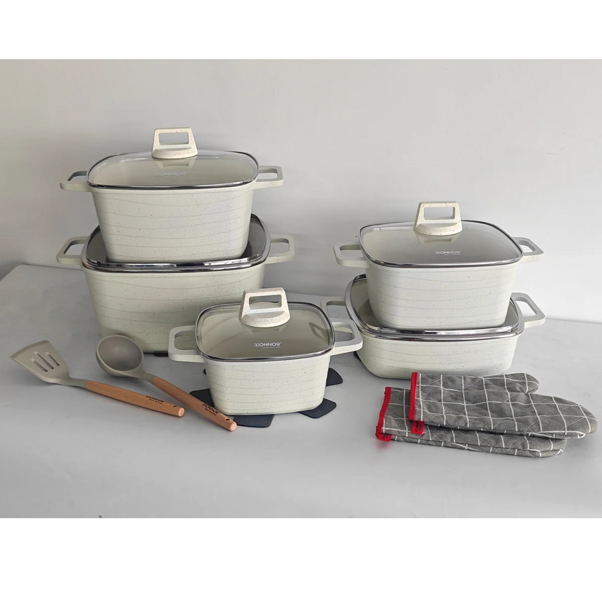 Donnor Set di pentole antiaderenti in granito ecologico quadrato in alluminio pressofuso per riscaldamento a induzione a gas per cucinare in casa