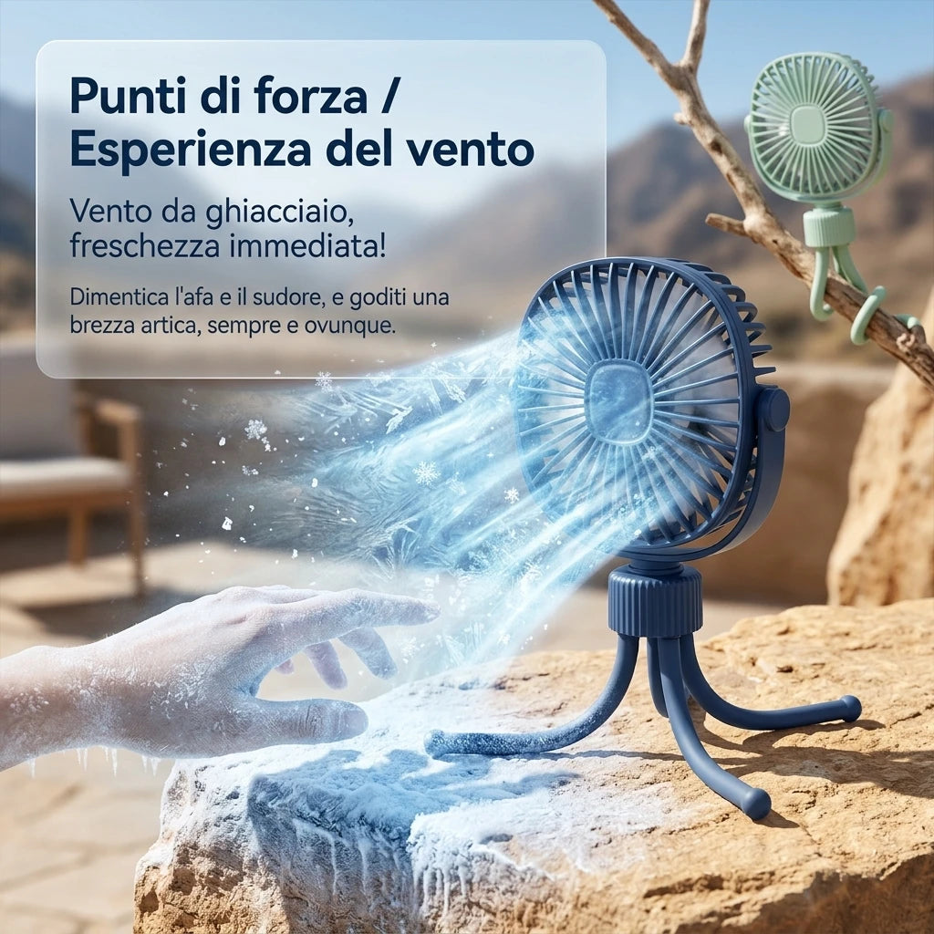 Ventilatore ricaricabile USB con treppiede flessibile, silenzioso e ad alta potenza, portatile per scrivania, passeggini e campeggio