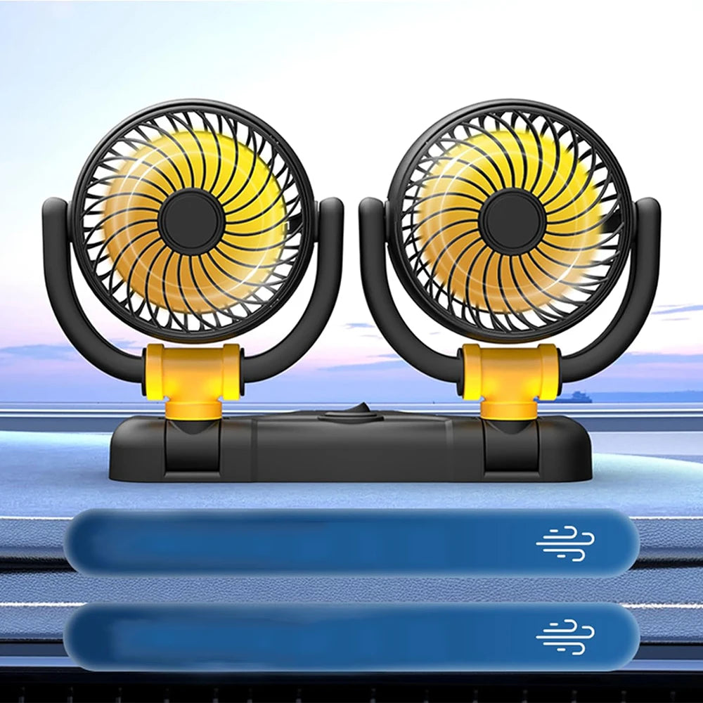 Ventilatore per Auto 12V a Doppia Testa con Rotazione a 360 Gradi, Portatile, 2 Velocità, Vento Forte, Alimentazione da Presa Accendisigari per Camion, SUV, Camper