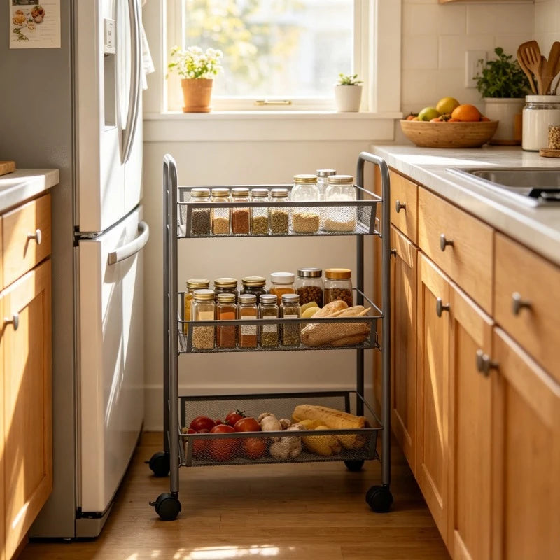 Carrello da Cucina a 3 Ripiani Grigio, 46x26x64 Cm, Materiale in Ferro, Struttura Robusta e Spessa, Organizzazione a Strati, Ruote Universali Flessibili, Antiruggine e Resistente all'Usura, Facile Installazione, Organizzatore