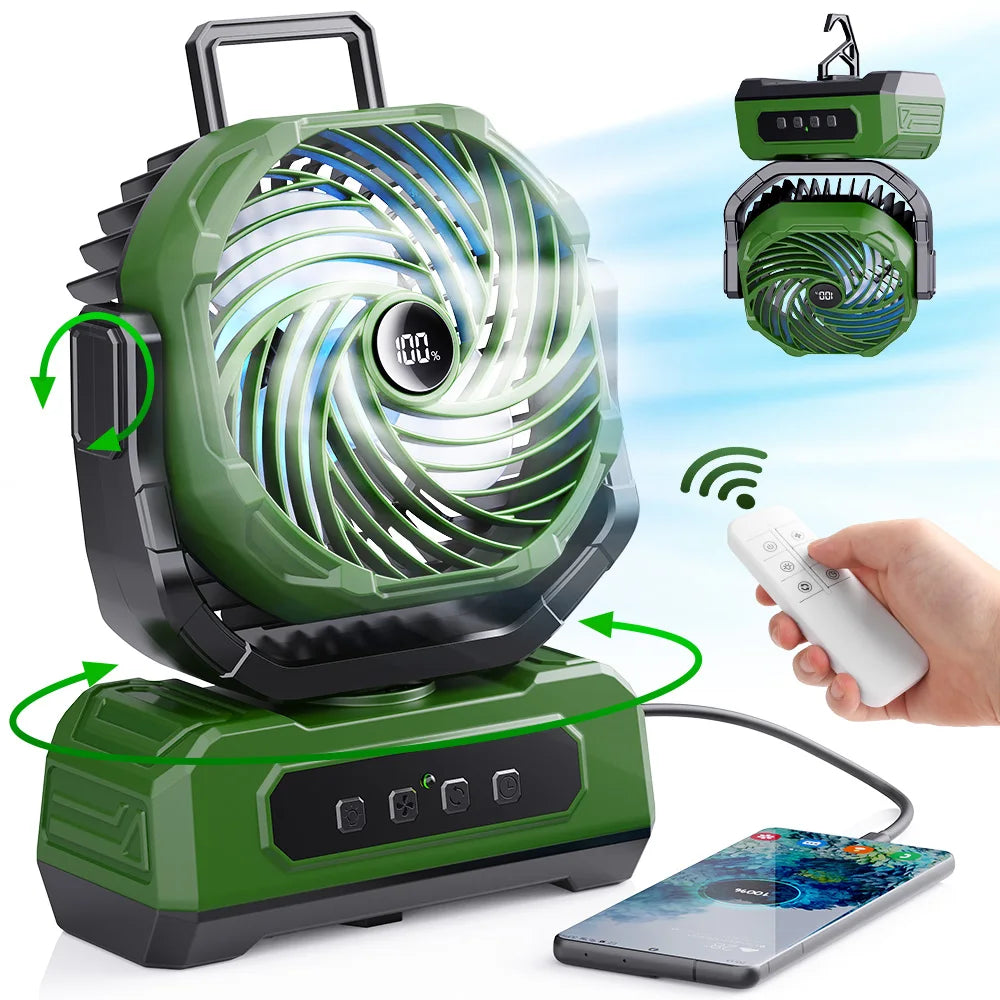 Ventilatore da campeggio portatile ricaricabile da 15000 mAh con lanterna a LED, ventilatore da tavolo a batteria senza fili USB-C, ventilatore personale leggero per viaggi, camera da letto, tenda, pesca, spiaggia, ufficio, c
