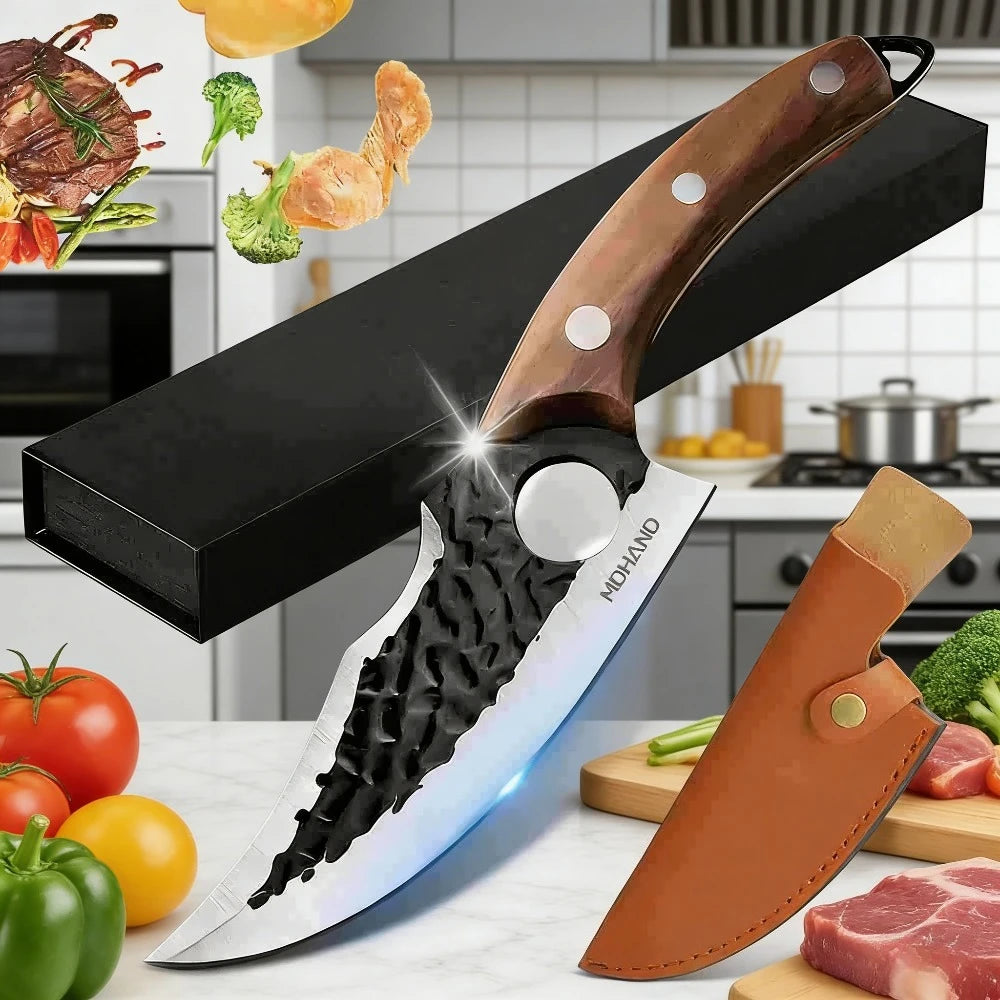 Gebogenes, beschichtetes Messer mit 3-Klingen-Design und Fingerloch, brauner Holzgriff, Geschenkbox für Küche, Kochen, Schneiden, Tranchieren