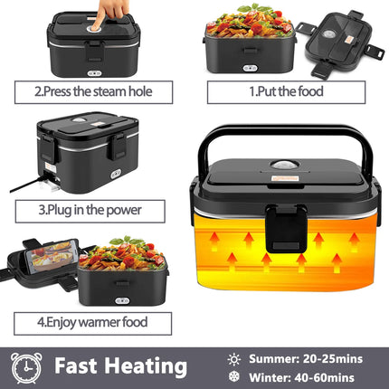 1.8L Portable Electric Lunch Box, 80W Fast Heating with 304 Stainless Steel Inner Container, 12V/24V Car Bento Box with Insulated Bag for Food and Fruit Preservation