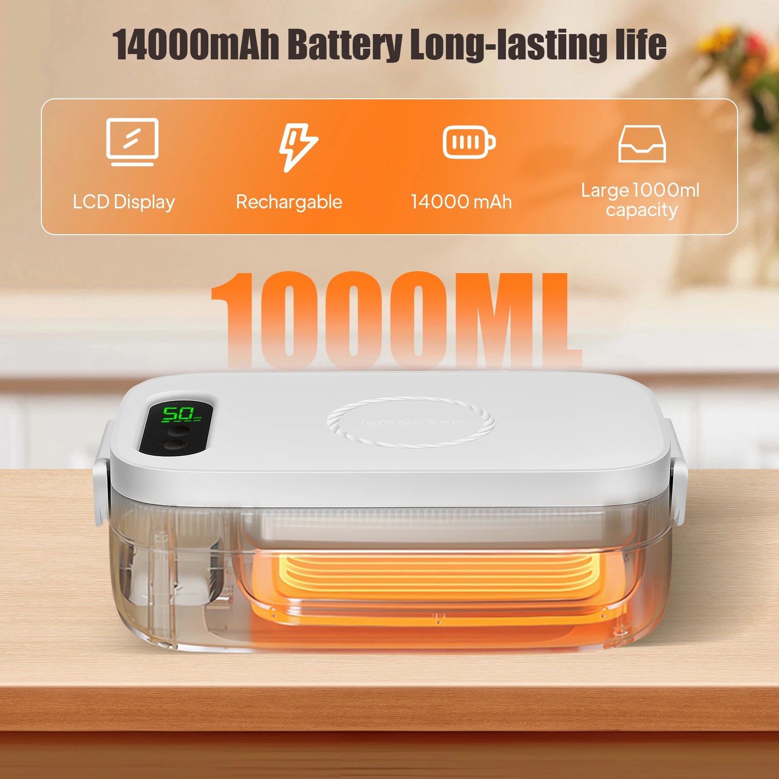 Elektrischer Speisenwärmer 1L, 14000mAh, schnelles Aufheizen, 35W, tragbar für Auto, LKW, Büro