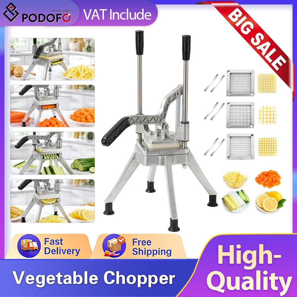 Podofo Professioneller Gemüse- und Obstschneider 1/2+3/8+1/4 Zoll, Kattex Pommes Frites Schneider, Zwiebelschneider, Pommes Frites Schneider aus Edelstahl, Kartoffelschneider, Obstzerkleinerer für Restaurants