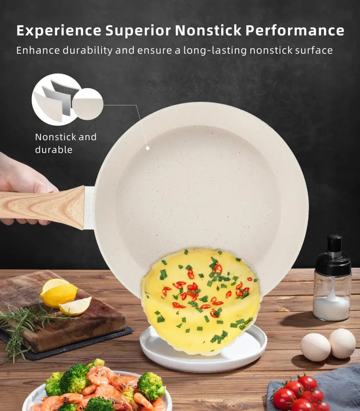 Set di Pentole in Alluminio da 21 Pezzi, Antiaderente, Bianco Granito, per Cucina a Induzione, con Coperchio, Doppio Manico, Utensili in Silicone, Senza PFOA