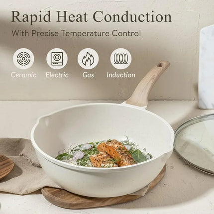 Set di 3-7 pentole e padelle antiaderenti in granito bianco per induzione, con padelle e casseruola