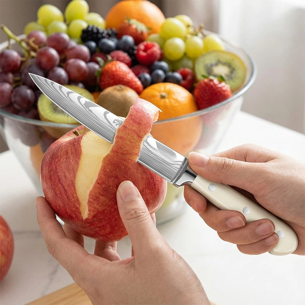 ZENG 8-teiliges Karbonstahl-Messerset, ergonomischer geschwungener weißer Griff, spülmaschinenfest, Mehrzweck-Set für Küche und Geschenke