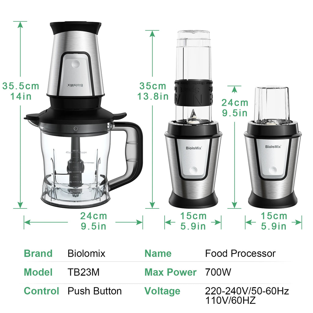 BioloMix 700W 3-in-1 Multifunktionaler tragbarer Küchenroboter Entsafter Mixer Smoothie Mixer Lebensmittelhacker Trockenmühle für die Küche