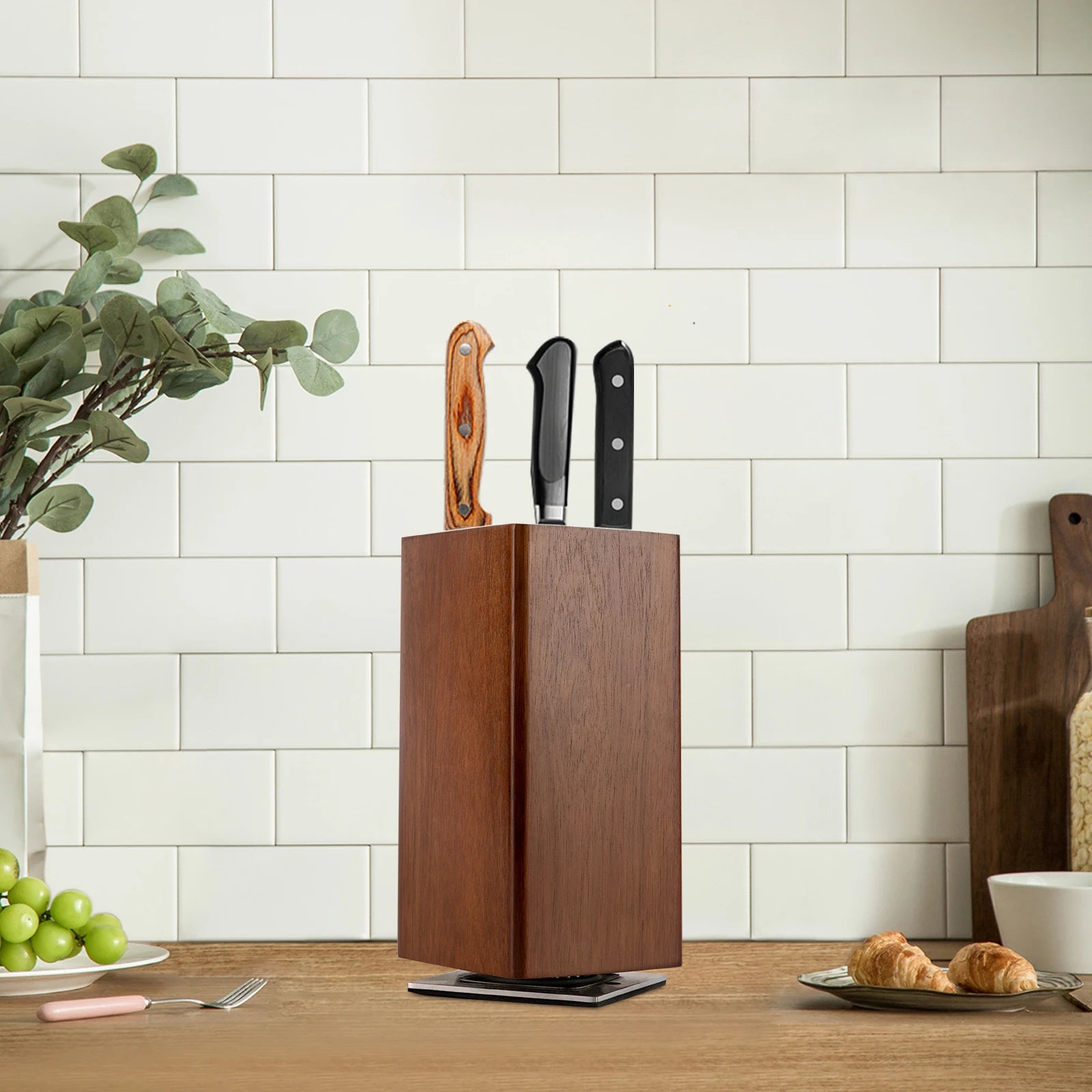 Magnetischer Messerblock, universelle Messeraufbewahrung aus Holz, 360° drehbarer, multifunktionaler Messerhalter für Küchentheke, Restaurant, Hotel
