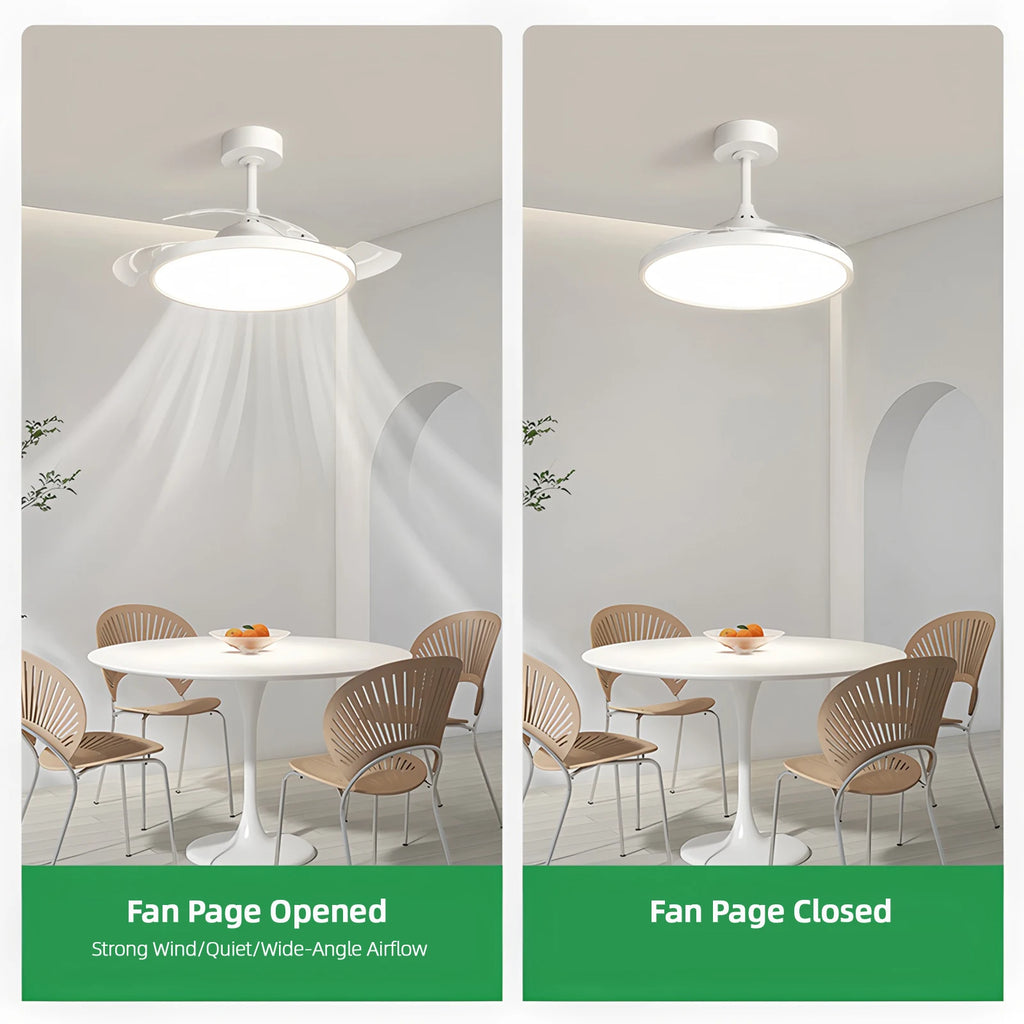 Ventilatore da Soffitto Invisibile con Luce, Pale Retrattili, Grande Ventilatore Elettrico per Raffreddamento e Ventilazione, Telecomando, Illuminazione Dimmerabile