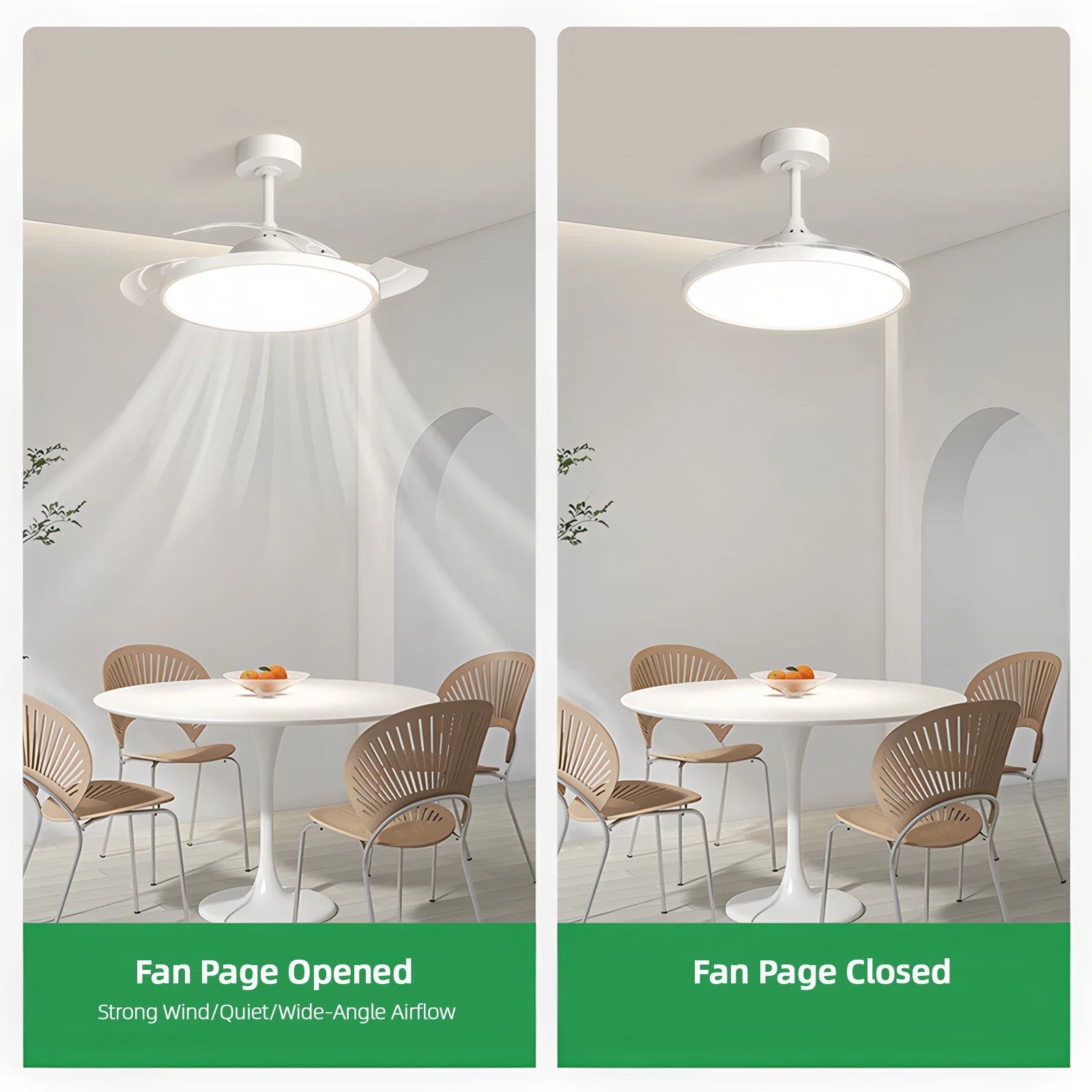 Ventilatore da Soffitto Invisibile con Luce, Pale Retrattili, Grande Ventilatore Elettrico per Raffreddamento e Ventilazione, Telecomando, Illuminazione Dimmerabile