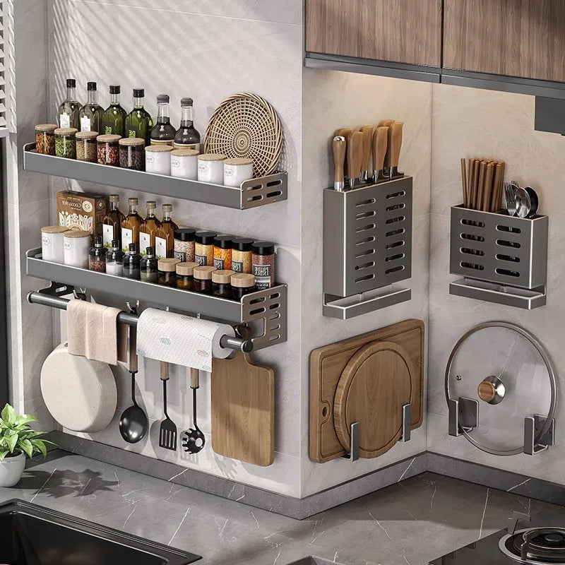 Scaffale da Cucina Color Canna di Fucile - Organizzatore Multifunzionale in Alluminio Senza Foratura per Spezie e Coltelli