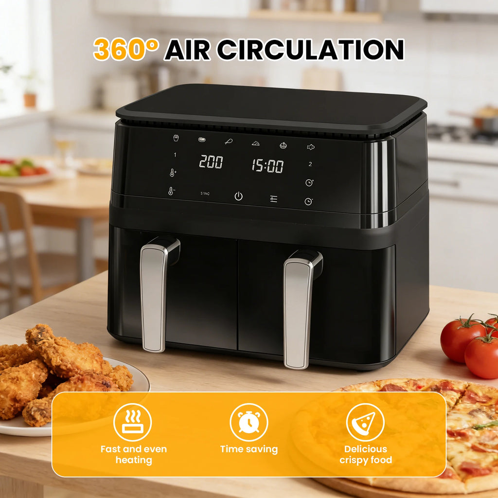 9-Liter-Heißluftfritteuse mit zwei Körben, 360°-Heißluftzirkulation, Edelstahl mit SYNC-Funktion, Touchscreen, 80 % weniger Öl