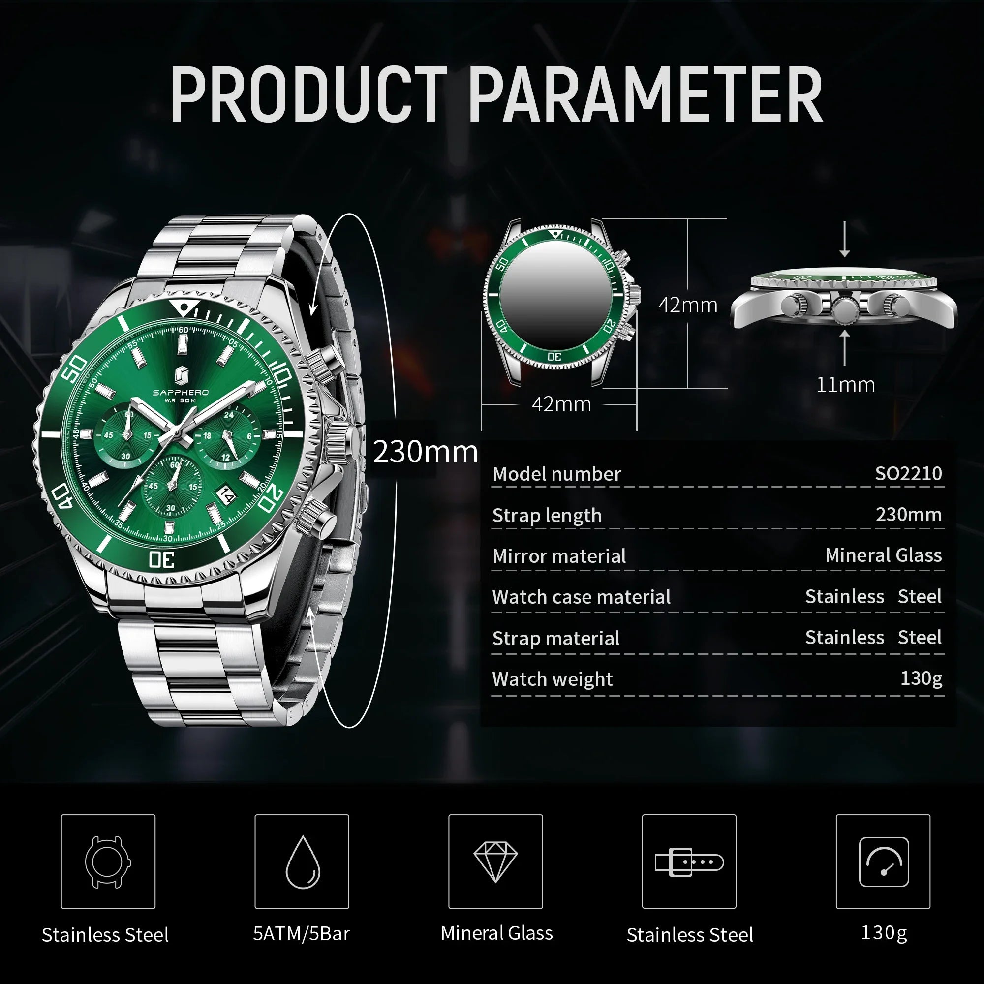 SAPPHERO Orologio Uomo Quarzo Cronografo Sport Acciaio Inossidabile Impermeabile 50M