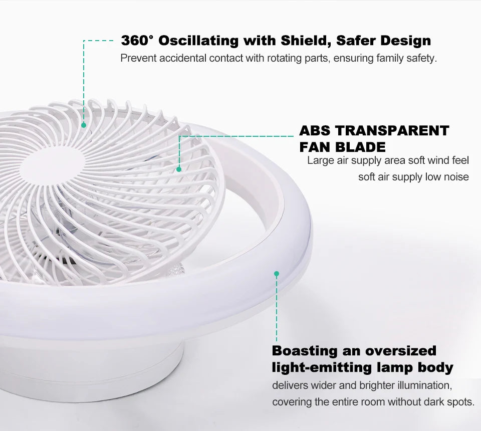 Ventilatore da Soffitto Intelligente con Luci a 360° °   Lampada Ventilatore Moderna Girevole con Controllo Remoto APP, Dimmerabile, 6 Velocità del Vento, Flusso d'Aria Reversibile per Interni