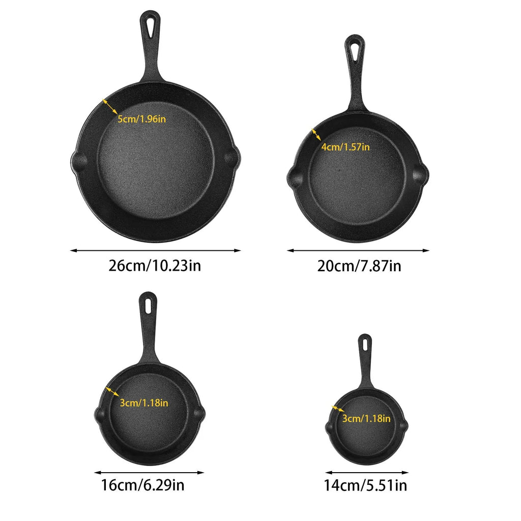 Set di 4 padelle in ghisa non rivestita da 14/16/20/26 cm, compatibili con tutti i tipi di fornelli, padella antiaderente in ghisa resistente per friggere, grigliare e brasare, con distribuzione uniforme del calore.