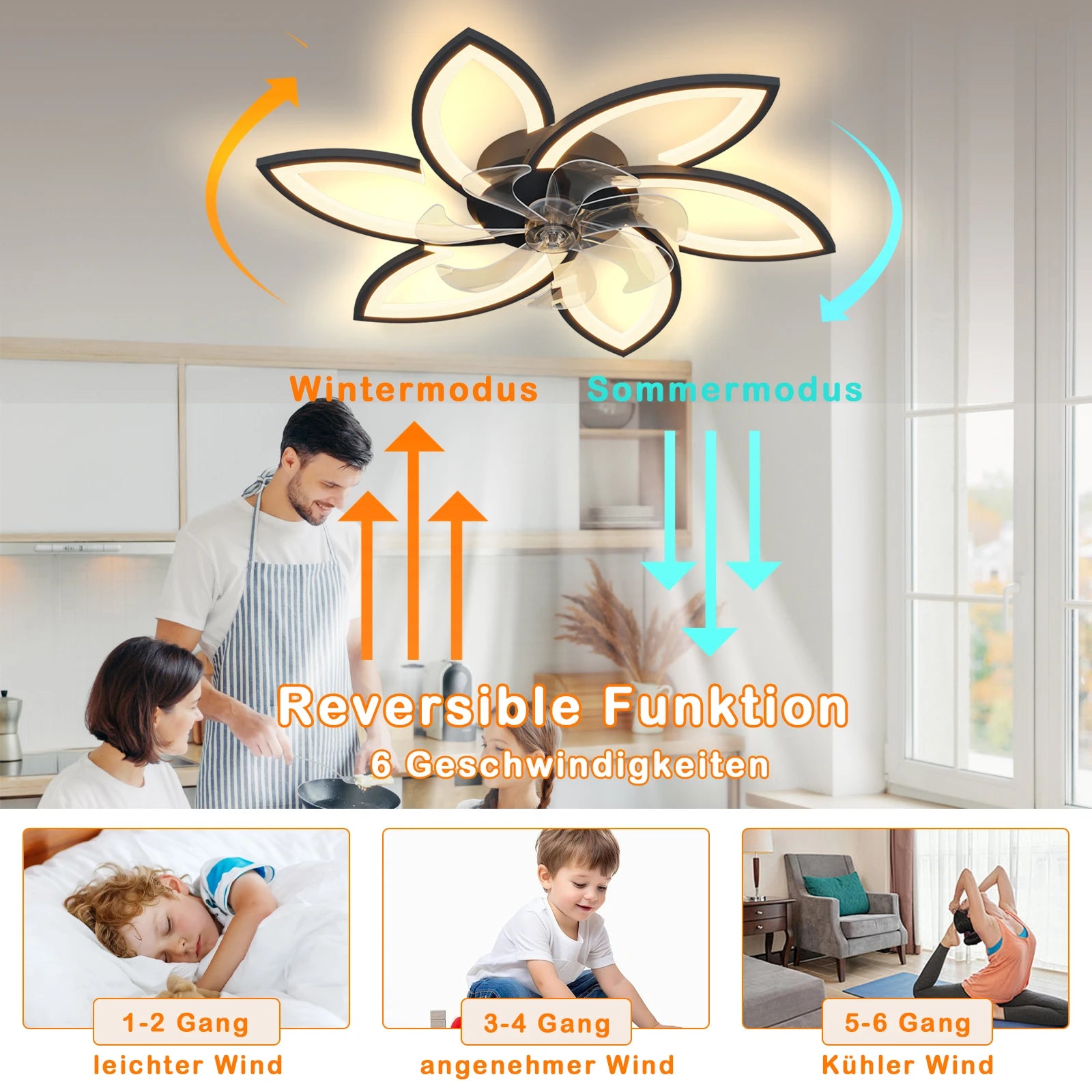 Ventilatore da soffitto a LED con luce, plafoniera con ventilatore, ventilatore da soffitto silenzioso e reversibile