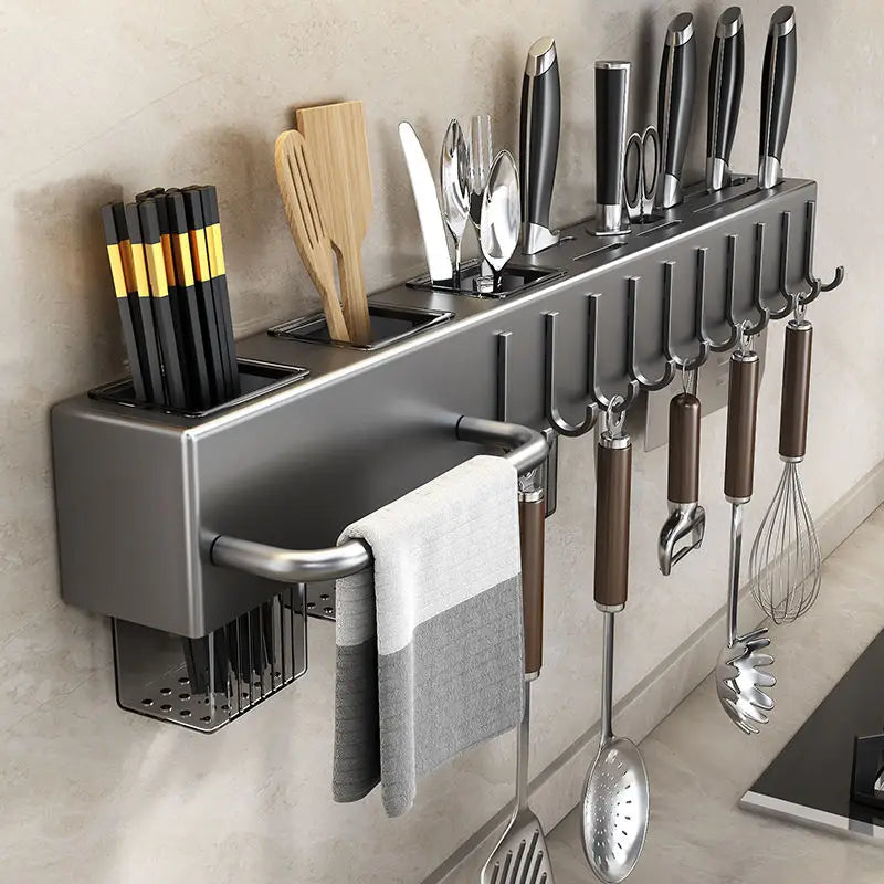 Mensola da cucina senza attrezzi, accessori da cucina, tubo per bacchette multifunzionale a parete, deposito per coltelli e attrezzi