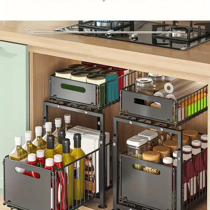 2-Tier Pull-Out Under-Sink Organizer, Adjustable Height, Carbon Steel Sliding Shelf for Kitchen and Bathroom