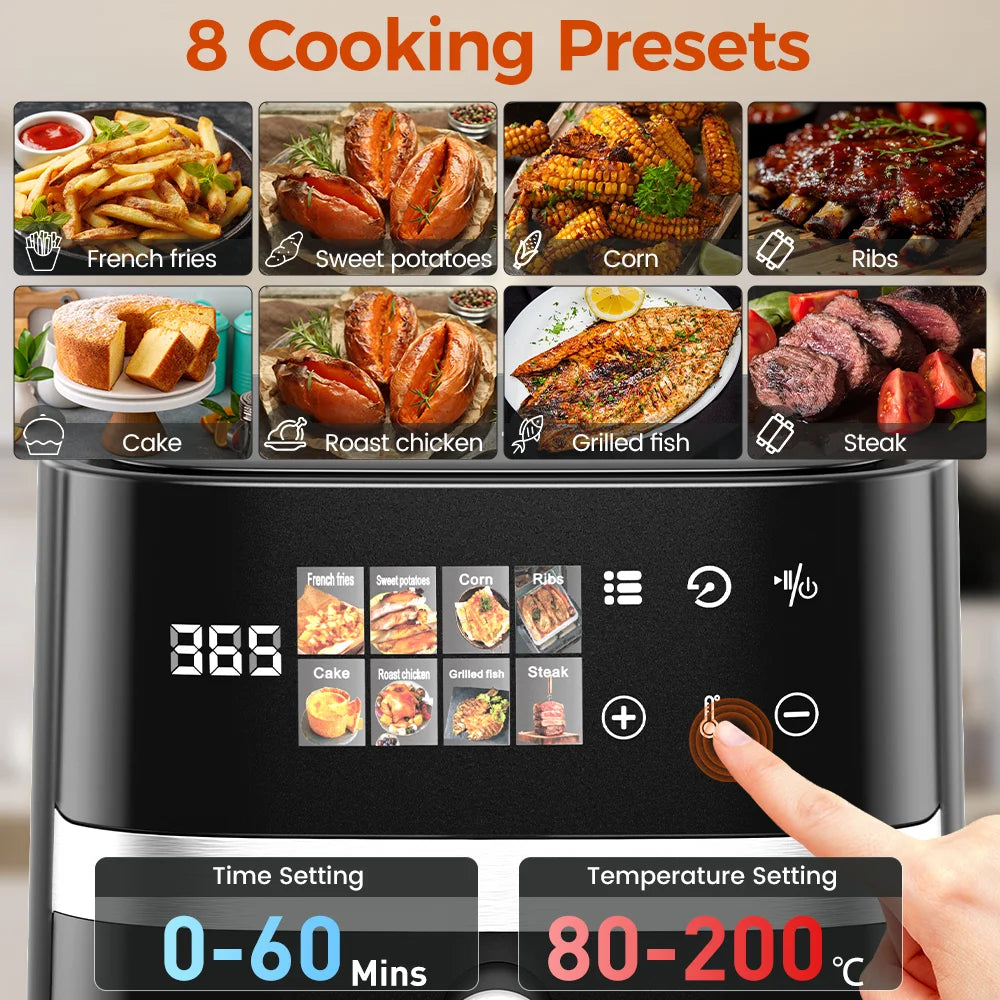 Patbrela Friggitrice ad Aria 5,5L 8-in-1 Forno Elettrico con Schermo LED Digitale e Finestra Visibile, 1350W, Nero