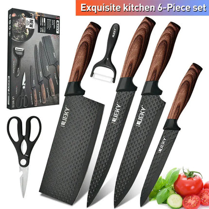 Set di 6 Coltelli da Cucina ZENG con Lame Affilate Antiaderenti, Manico Ergonomico in Legno, Set Completo per Cucinare e Tagliare