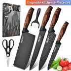 Set di 6 Coltelli da Cucina ZENG con Lame Affilate Antiaderenti, Manico Ergonomico in Legno, Set Completo per Cucinare e Tagliare