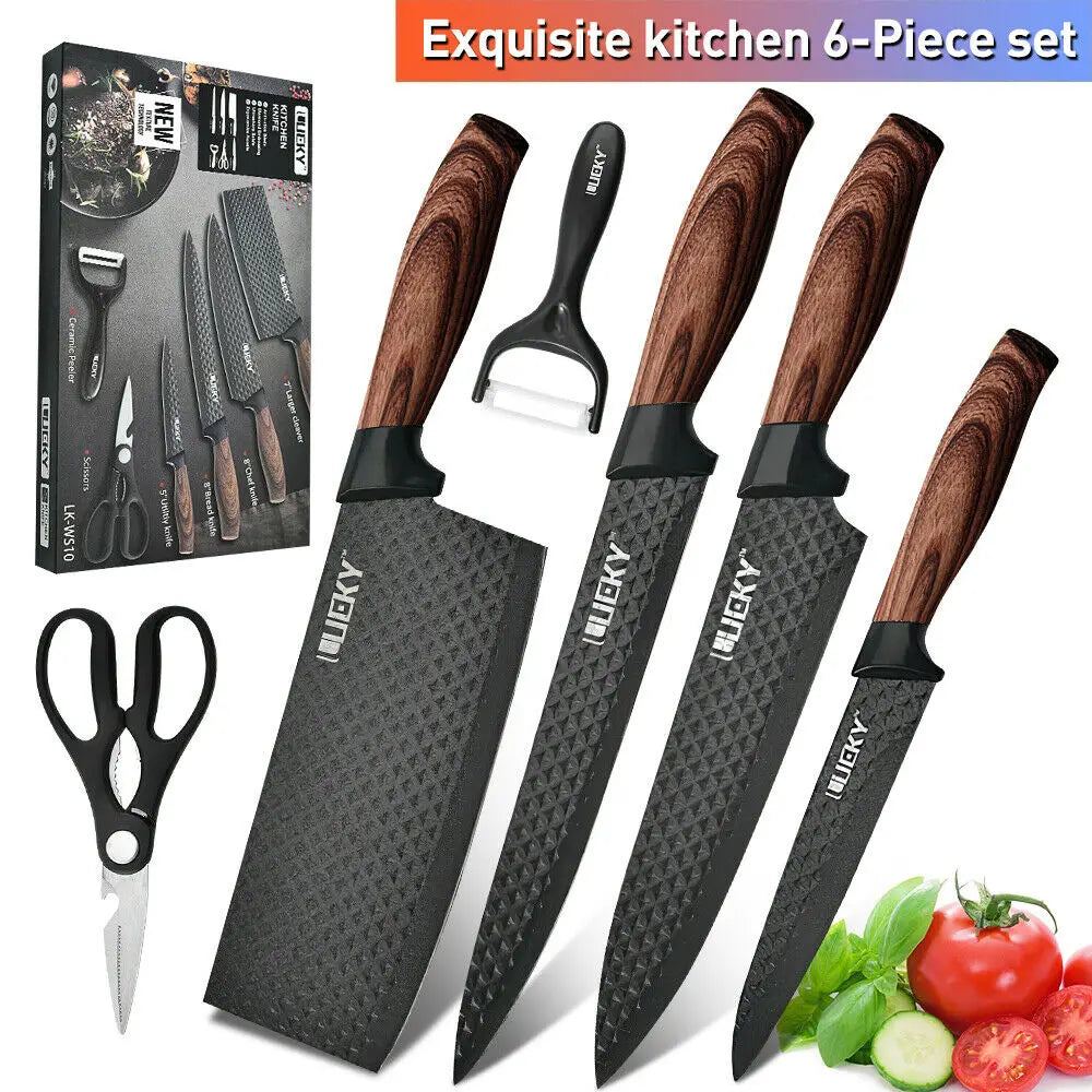 ZENG 6er-Set Küchenmesser mit scharfen Antihaftklingen, ergonomischem Holzgriff, Komplettset zum Kochen und Schneiden