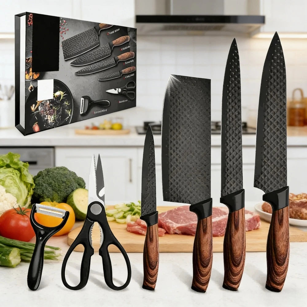 Set di 6 Coltelli da Cucina ZENG con Lame Affilate Antiaderenti, Manico Ergonomico in Legno, Set Completo per Cucinare e Tagliare